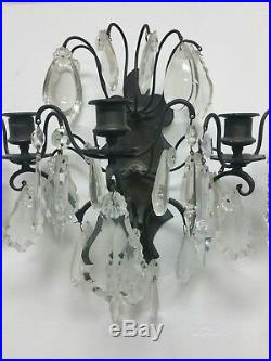 Art Nouveau Bronze and Drop Crystal Wall Sconce Candle Holders Pair