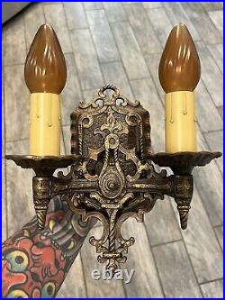 Arts And Crafts Double Candle Wall Sconces Rare Detailed 72C