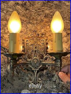 Arts And Crafts Double Candle Wall Sconces Rare Detailed 72C