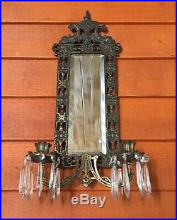 Atq Art Nouveau Beveled Glass Mirror Brass Sconce Candle Holders Wall Hanging