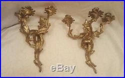 Awesome Vintage Pair Brass 3 Arms Candelabra Wall Sconces