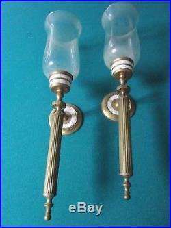 BRASS AND MOTHER OF PEARL WALL SCONCES CANDLE HOLDERS With ORIGINAL GLASS OFFMET
