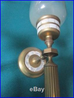 BRASS AND MOTHER OF PEARL WALL SCONCES CANDLE HOLDERS With ORIGINAL GLASS OFFMET