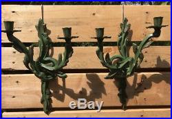 Bard Vintage Candle Wall Sconce Holders Metal Pair Decor India Art Green Gold