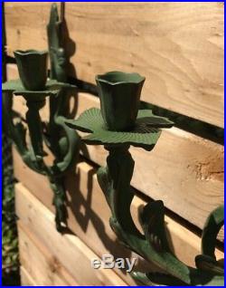 Bard Vintage Candle Wall Sconce Holders Metal Pair Decor India Art Green Gold