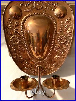 Beautiful Pair Hand Made/Tooled Copper WALL SCONCES withDouble Candle Holders