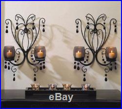 Black Smoked Glass 2 Cup Iron Beaded Wall Sconce Candle Holder Decor (Set of 2)
