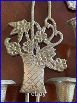 Brass 2 Candle Wall Sconces Pair Flower Basket Design Vintage