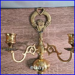 Brass Claddagh Irish Pair of Wall Sconces Candle Holders Antique Set of Two