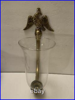 Brass Eagle Sconces With Hurricane Glass Pair Candlesticks Holders Wall 14 VTG