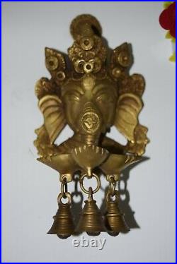 Brass Ganesha Diya Stand Lord Vinayaka Face Wall Decor Hanging With Bells EK126