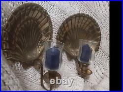 Brass/Glass Hollywood Regency Set Of 2 Scalloped Shell Wall Candle Sconces MCM