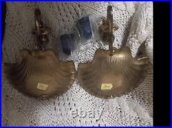 Brass/Glass Hollywood Regency Set Of 2 Scalloped Shell Wall Candle Sconces MCM