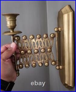 Brass Patina Aged VTG 19th Century Accordion Arm Wall Candle Sconce Made India