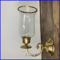 Brass Wall Sconce Candle Holder with Hurricane Shade Set of 2