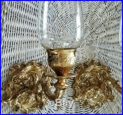 Brass Wall Sconce Candle Stick Holder Glass Globe VTG Ornate Pair French Style