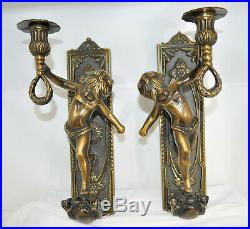 Bronze Pair Vintage Lancini Italy Cherub Candle Wall Sconces Candle Holder Torch