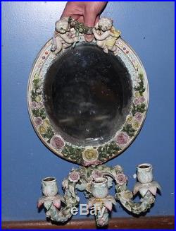 Capodimonte Porcelain Cherub Wall Display Beveled Mirror & Candle Holder Vintage