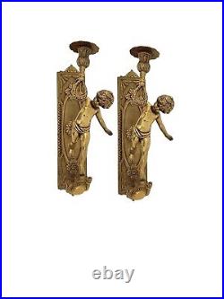 Cherub Candleholder Pair Heavy Brass Wall Sconces Vintage Classic Decor