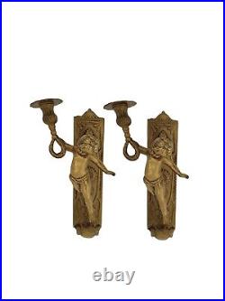 Cherub Candleholder Pair Heavy Brass Wall Sconces Vintage Classic Decor