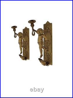 Cherub Candleholder Pair Heavy Brass Wall Sconces Vintage Classic Decor