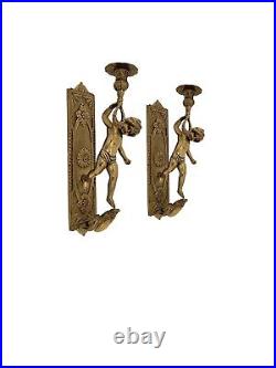 Cherub Candleholder Pair Heavy Brass Wall Sconces Vintage Classic Decor