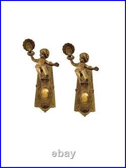 Cherub Candleholder Pair Heavy Brass Wall Sconces Vintage Classic Decor