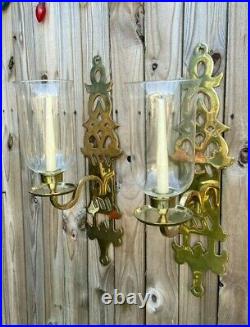 Chinese Chippendale Brass Pagoda Hollywood Regency Wall Candle Holder Sconces