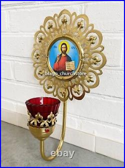 Church Wall Sconce with icon Savior Orthodox Candle Holder for 1 Glass 15.74