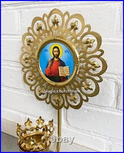 Church Wall Sconce with icon Savior Orthodox Candle Holder for 1 Glass 15.74