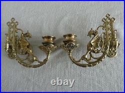 Complete Griffin Dragon Ornate Gothic Brass Wall Sconce Piano Candle Holders (b)