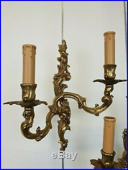 Couple Vintage Brass Louis XV Style Wall Sconces Lamps E/0040