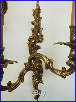 Couple Vintage Brass Louis XV Style Wall Sconces Lamps E/0040