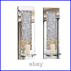 Crystal Crush Diamond Wall Candle Holder (Set of 2) Rectangle Silver Mirrored