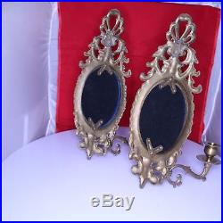 D25 Pair of 2 Vintage Solid Brass Wall Sconce Double Candle Holder Oval Mirrors