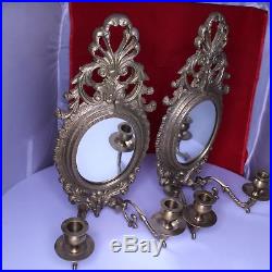 D25 Pair of 2 Vintage Solid Brass Wall Sconce Double Candle Holder Oval Mirrors
