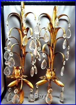 DIVINE Mid-Century Gold Tone Glass Prisms Wall Candle Holders/Sconces