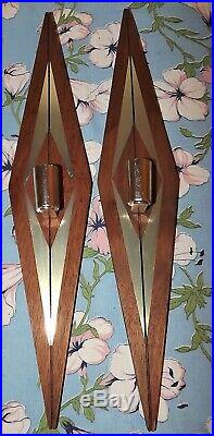 Danish Mid Century Modern TEAK WOOD AND BRASS Wall Sconce Candle holder Set