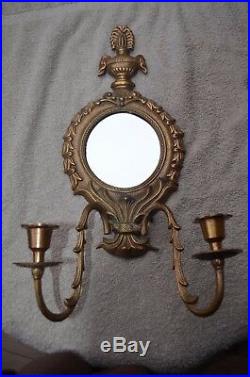Decor Set 2 Lacquered large brass wall mirror sconce candle holders candlesticks