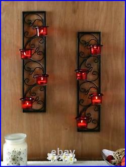 Decorative Wall Sconce/Candle Holder With Red Glass & Free T-Light Candles-2 Set
