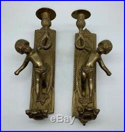 ESTATE antique/vintage Bronze/Brass CHERUB ANGELS Sconces WALL candle holders