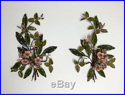 EXQUISITE Pair of ITALIAN 26 METAL TOLE FLORAL WALL SCONCES & CANDLE HOLDERS