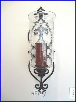 EX LARGE TUSCAN 32 H IRON Candle Holder Hurricane Glass Wall Sconce SET of 2