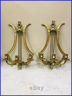 Early 1900s Solid Brass Harp Wall Sconce Candle Holders w Eagle Detail Antique