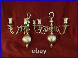 Early 20th Century Brass Wall Sconce Candelabras With 3 Holders a Pair