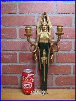 Egyptian Revival Style Ornate Brass Sconce Vtg Wall Mount Double Candle Holder