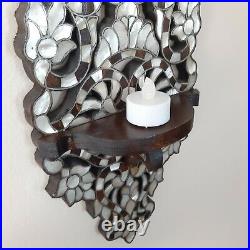 Elegant old wooden wall Candle holder, walnut wood and mother of pearl, handmade