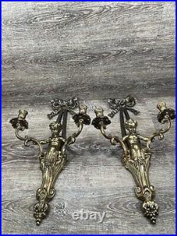 Estate Vintage Wall Double Candle Holder Pair Cherub With Ribbon Wall Sconces