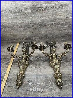 Estate Vintage Wall Double Candle Holder Pair Cherub With Ribbon Wall Sconces