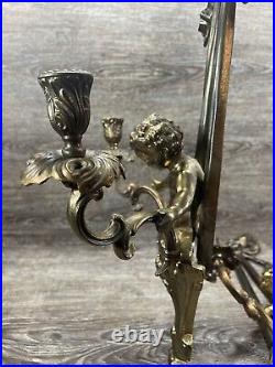 Estate Vintage Wall Double Candle Holder Pair Cherub With Ribbon Wall Sconces
